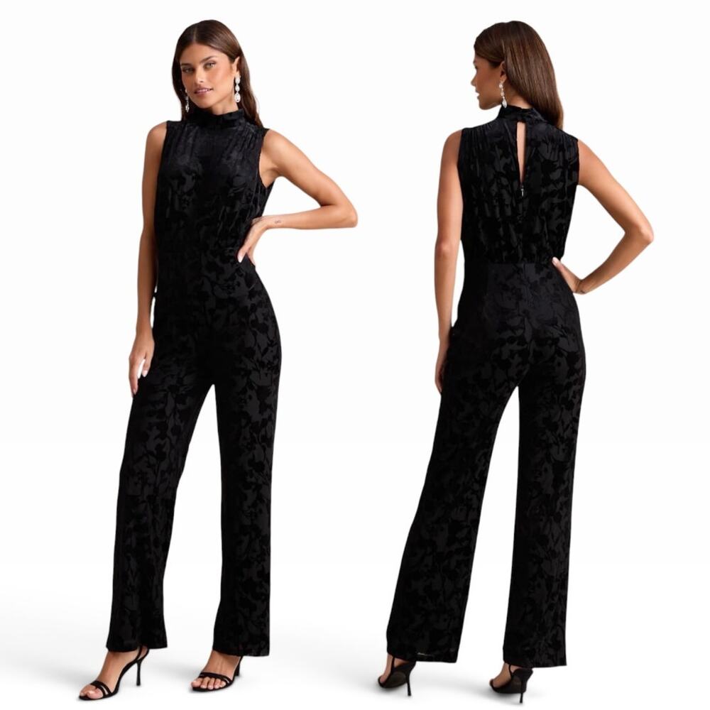 Lulus Micola Black Velvet Jacquard Mock Neck Jumpsuit size Large NWT